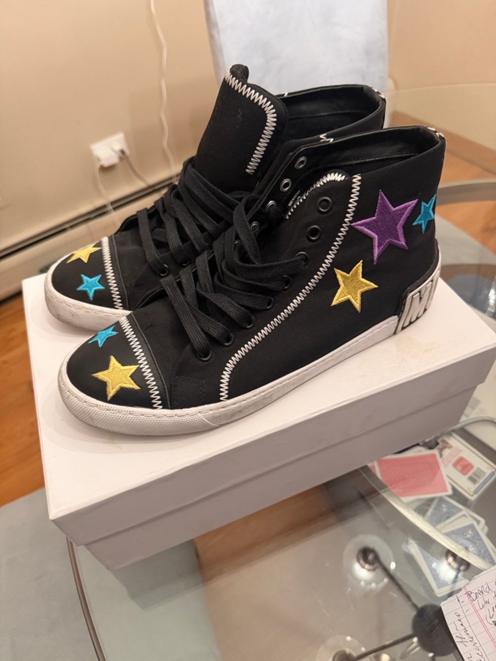 Moschino Black High-Top Sneakers with Multicolor Star Embroidery